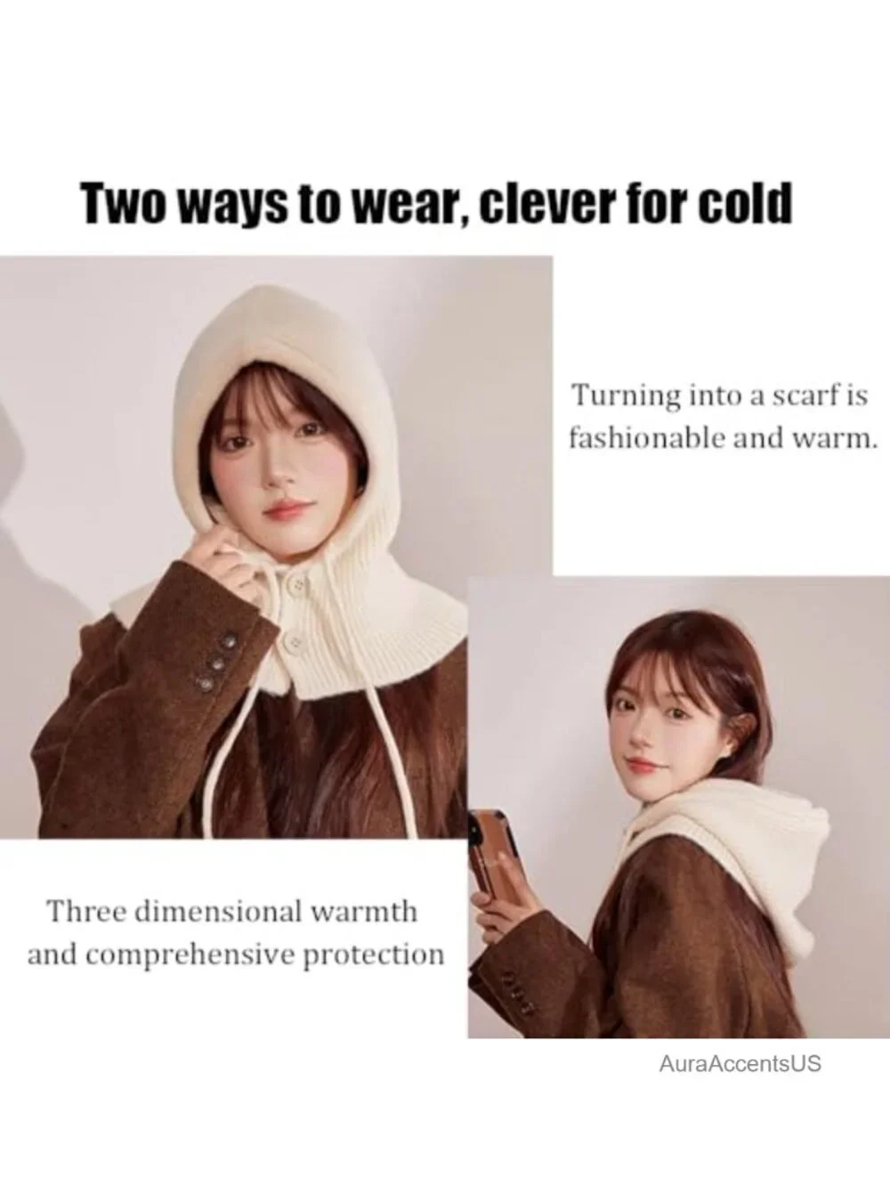 Windproof Knitted Hooded Scarf Hat Balaclava Women Winter Warm Pullover